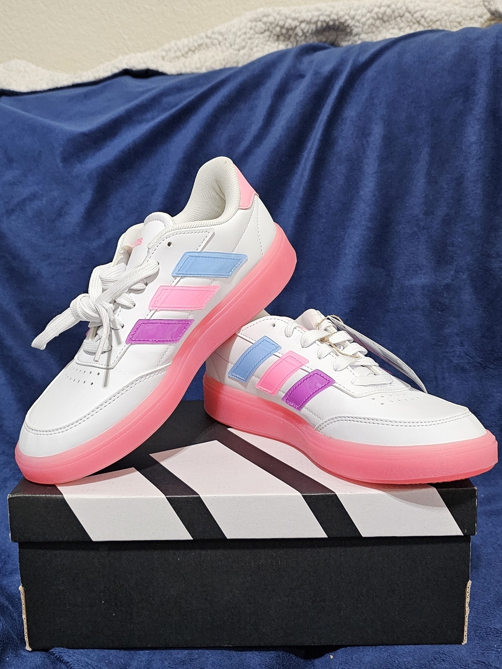 adidas White Sneakers with Pink Platform and Pastel Blue/Purple Stripe Accents